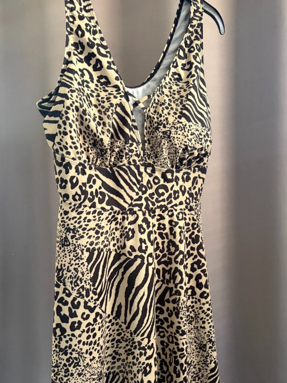 Plus Size Animal Patchwork V Crisscross Swimdress One Piece Leopard Zebra 2XL